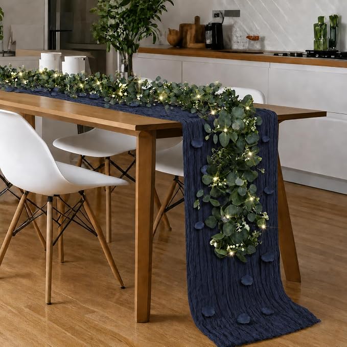 Cinrobiye 11PCS Boho Cheesecloth Table Runner Set with Rose Petals, 120'' Gauze Table Runner, Wrinkled Napkins, Eucalyptus Garland and String Lights for Wedding Baby Shower Tea Party Decorations