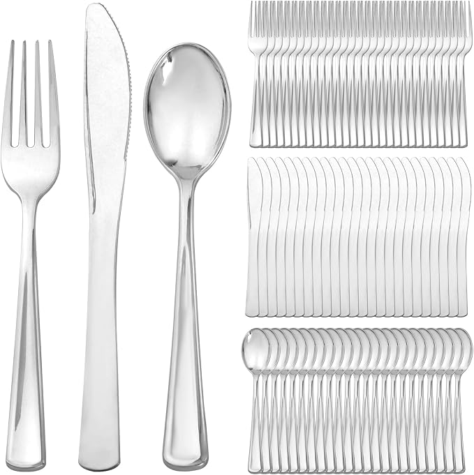 Supernal 360pcs Silver Plastic Silverware Set - Heavy Duty Disposable Silver Cutlery (120 Forks, 120 Spoons, 120 Knives) | Modern Bulk Plastic Utensils for Wedding, Catering & Large Events
