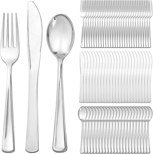 Supernal 360pcs Plastic Silverware Heavy Duty, Silver Disposable Silverware Sets for Parties,Plastic Forks and Spoons,Party Disposable Flatware Suit for Weddings, Birthday, Parties