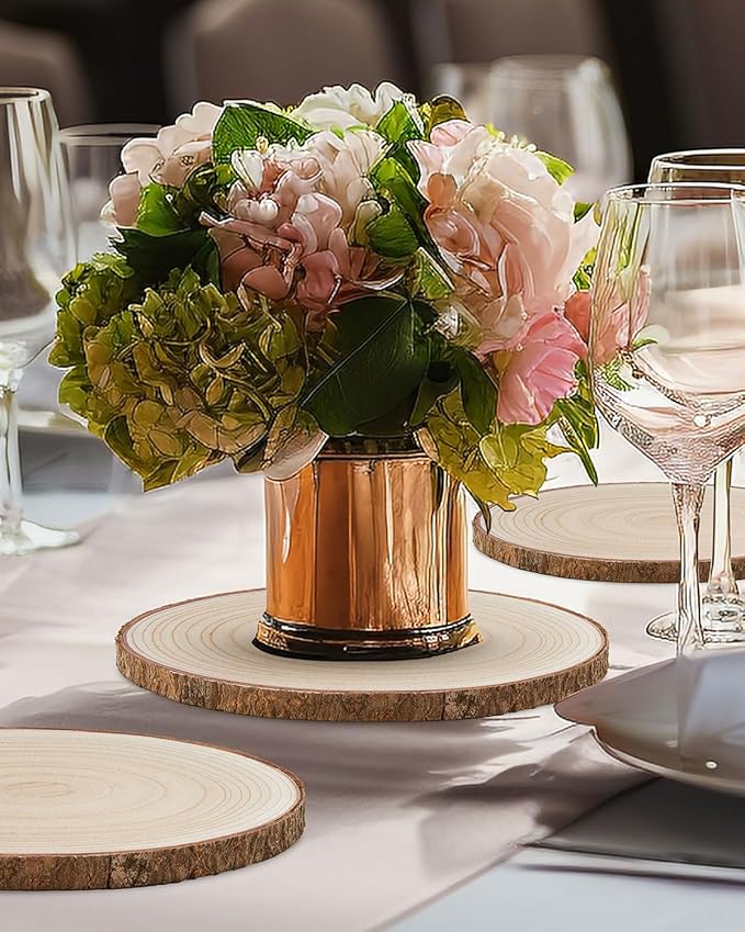 Set of (10) 9-10 Inches Wood Slices, Wood Centerpieces for Tables, Wood Slices for Centerpieces, Unfinished Wood Rounds for Rustic Wedding, Baby Shower, Party, Natural Paulownia Slabs