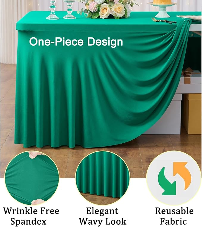 2 Pack Emerald Green Spandex Tablecloth for 6 Foot Rectangle Tables, Wrinkle Free Fitted Table Clothes Cover 6ft Green Stretchy Tablecloths with Skirt for Parties Weddings Birthday Banquet Baby Shower