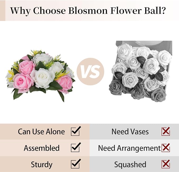 BLOSMON Flower Balls Centerpieces for Table: 6 Pcs Pink White Faux Roses | 9.5 Inch Fake Kissing Floral Ball Arrangements for Wedding - Artificial Flower Bouquet with Base Home Party DIY Decor