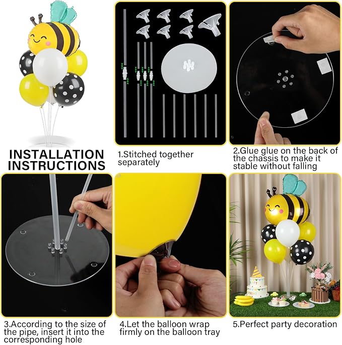 Bee Birthday Party Balloons Stand Kit 2 Sets with 2 Bumble Bee Foil Balloons Honey Bee Themed Party Balloon Centerpiece for Tables for Gender Reveal Birthday Baby Shower Bee Daisy Party Decorations