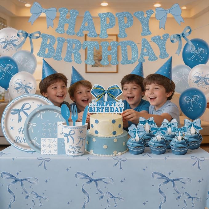 186pcs Blue Birthday Party Supplies – Bow Knot Theme Disposable Tableware Kit with Happy Birthday Banner, Balloons, Plates, Cups, Utensils & Napkins for Girls Boys Party Decorations, Serve 20
