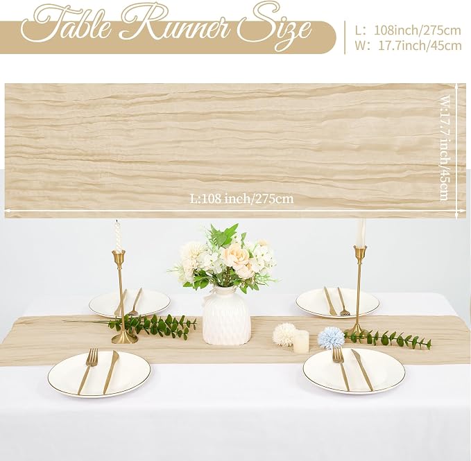 10 Pack Cheesecloth Table Runner 17 x 108 inch Long Boho Gauze Table Runners Semi Sheer Table Runner for Wedding Decor, Baby Shower, Birthday Party, Banquet (Beige)