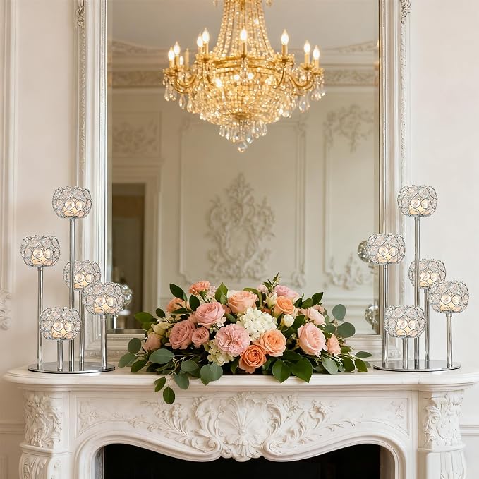 5-Arm Crystal Tealight Candelabra Centerpiece, 14.8 Inch Metal Candle Holder for Table Decor, Wedding, Christmas, Party, Anniversary & Home Decoration (1, Silver, S-14.8 in)