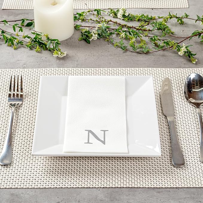 Luxenap 15.8 X 7.9 Inch Linen-Feel Guest Towels, 50 Lettered Hand Towels - Silver Letter 'N', Sans Serif Font, White Paper Dinner Napkins, airlaid, For Restrooms And Tables - Restaurantware