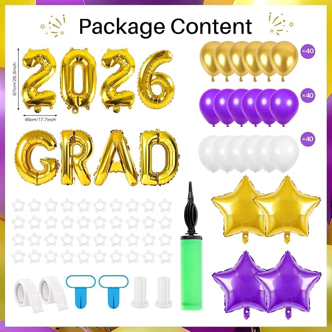 2 Sets Graduation Balloon Column Stand Kits with 132 PCS Purple Golden White Latex Balloons 2026 Letters 6.5 Ft Adjustable Metal Tube Telescopic Tower Pillar with Base for Graduation Party Decoration