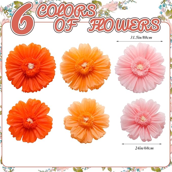 Giegxin 6 Pcs 31.5", 24" Pink, Orange Giant Paper Flowers Pink and Orange Party Decorations Large Crepe Tissue Flowers for Fall Wedding Boho Birthday Bridal Bachelorette Bridal Shower Classroom Decor