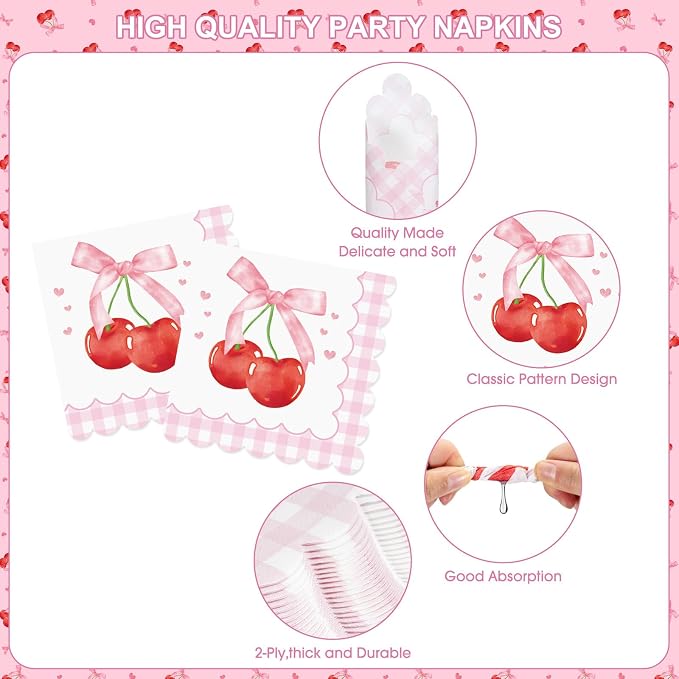 170 Pcs Cherry Birthday Decorations - Pink Bows Party Supplies Set, Happy Birthday Banner, Scalloped Paper Plates Napkins Cups, Plastic Tablecloth, Flatware for Coquette Cherry Bday Party Decoration