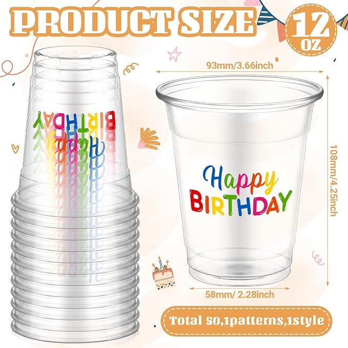 FoldTier 50 Pcs Happy Birthday Cups 12 oz Birthday Plastic Glasses Clear Disposable Cups Theme Drinking Glasses for Home Kitchen Theme Party Favors Supplies Decoration