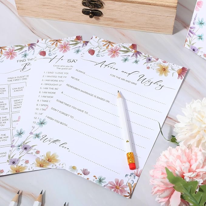 Silipull Bridal Shower Games Set for 50 Guests Includes Bingo, He Said She Said, Scramble, Would She Rather, Advice and Wishes Wedding Games Double Sided with Wooden Box, 20 Pencils(Wildflowers)
