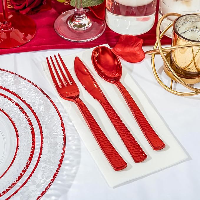 Ciaell 350 PCS Clear and Red Plastic Plates – Red Dinnerware Set for 50 Guests Include 100 Plastic Plates, 50 Pre Rolled Napkins with Cutlery Set, 50 Cups for Wedding & Party & Mother's Day