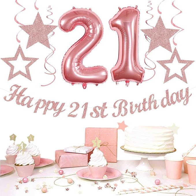 Rose Gold Light Pink White 21st Happy Birthday Party Decorations Hugmoon | 21pcs Kit 30th Balloon,Cute Girl Banner,Streamers,Tissue Paper Pom Poms Flowers Fans,Birthday Garlands Decor Backdrop