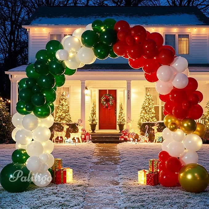 Christmas Balloon Arch Kit 140pcs Double Stuffed Green Red White & Gold Balloons Garland, Merry Christmas Balloons Arch Decorations for Holiday Party Backdrop & Merry Xmas Balloons Decor Supplies