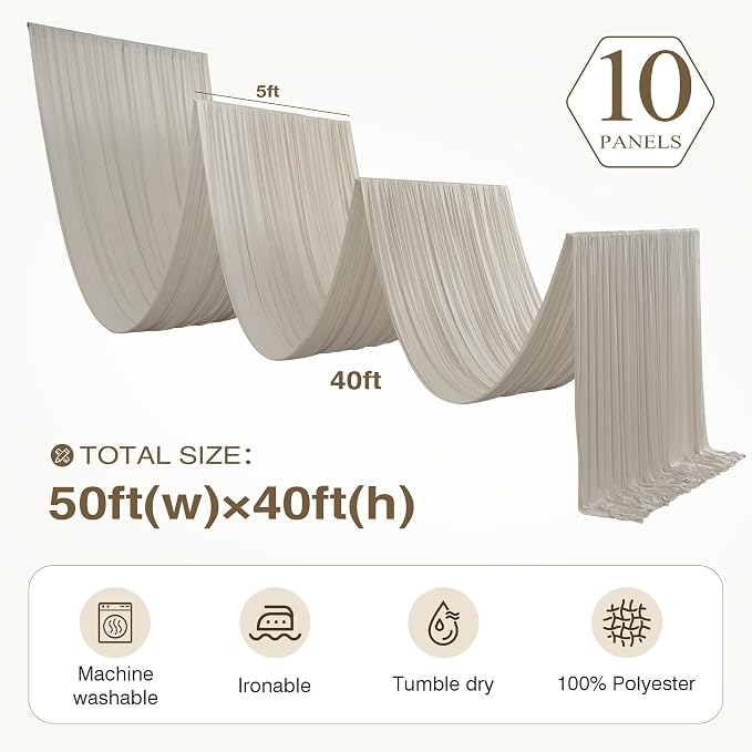 10 Panels 5x40ft Beige Ceiling Drapes for Wedding Parties, Wrinkle Free Thick Polyester 40ft Extra Long Wedding Draping Beige Ceiling Curtains Arch Drapery for Birthday Party Canopy Tent Decor