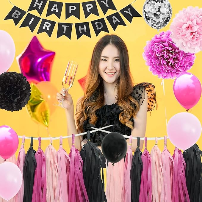 Hot Pink Birthday Decorations for Girls Women - Happy Birthday Banner with Party Balloons and Tassel Circle Garland Paper Flowers Supplies (Black Pink)