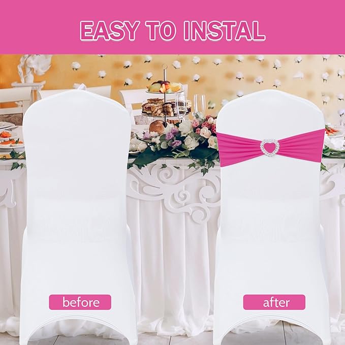 Howhic Pack of 30 Spandex Chair Sashes Bows Stretch Chair Cover Band with Buckle Slider Universal Elastic Chair Ties for Wedding Banquet Party Event Decoration (Fuchsia)