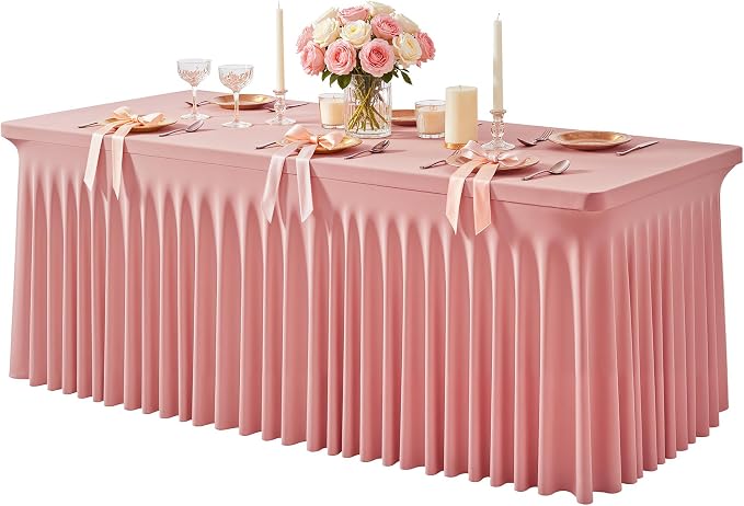 1 Pack Dusty Rose Spandex Tableclothes for 8 Foot Rectangle Tables, Wrinkle Free 8ft Fitted Table Cover Stretch Table Cloth Desk Skirt for Weddings Baby Shower Birthday Party Banquet Decorations