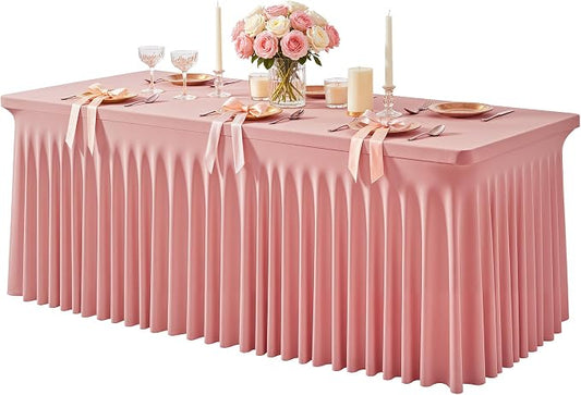 1 Pack Dusty Rose Spandex Tableclothes for 4 Foot Rectangle Tables, Wrinkle Free 4ft Fitted Table Cover Stretch Table Cloth Desk Skirt for Weddings Baby Shower Birthday Party Banquet Decorations