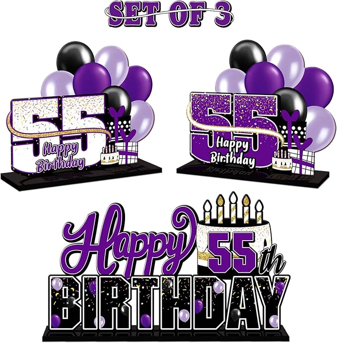 LINGTEER Happy 55th Birthday Purple Acrylic Table Topper Centerpieces Set - Cheers to 55 Years Old Birthday 55th Bday Party Gift Decorations.