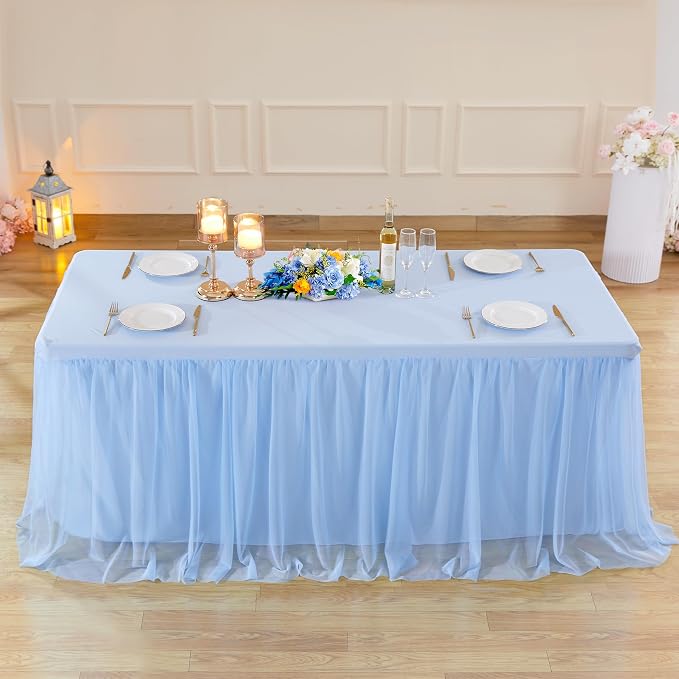 Suppromo Baby Blue Tulle Tablecloth for 4 Foot Rectangular Tables, 48 x 24 Inch White Rectangle Table Cloth, Wrinkle Free Table Cover with Tutu Skirt for Wedding Birthday Party Banquet Tablecover