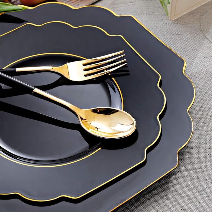 Supernal 60pcs Black Plastic Plates with Gold Rim, Baroque Black and Gold Plastic Plates, Include 30 Dinner Plate, 30 Appetizer Plate, Suit for Party, Birthday, Wedding, Halloween