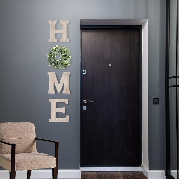 Wooden Home Sign Wall Hanging Decor Wood Home Letters for Wall Art with Artificial Eucalyptus Wreath Rustic Home Decor Farmhouse, Wall Decor for Living Room Entryway Housewarming Gift (Natural)