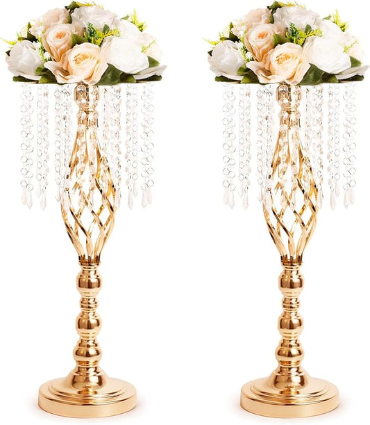 2pcs Gold Metal Flower Vases Crystal Flower Stand Wedding Centerpieces for Tables Party Dinner Event Restaurant Hotel Decoration