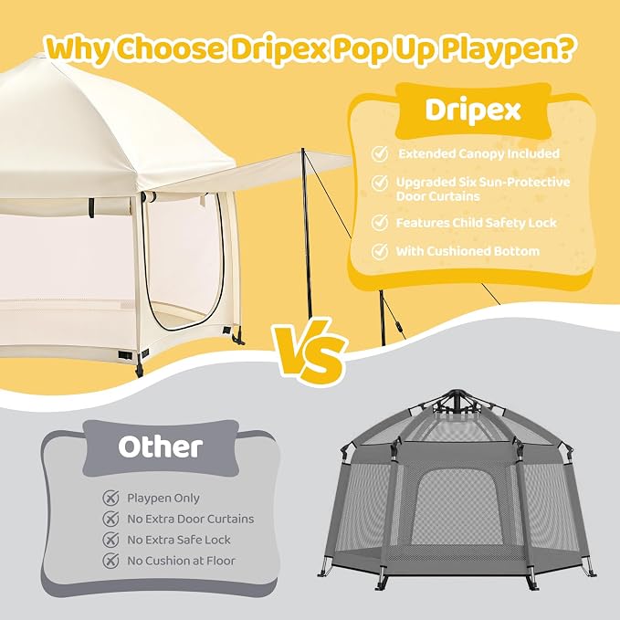 Dripex Upgraded Pop Up Playpen w/t 2-Side Canopy Extension & Built-in Pad,Quick Foldable Indoor/Outdoor Baby Playpen w/t One-Click Safe Lock,2-Side Roll-Up Door,Travel Pop and Go Beach Play Pen Beige