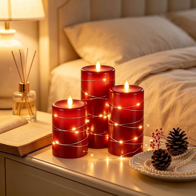 3 Pack Red Real Wax Flameless Taper Candles, Realistic Flickering LED Candles with Surrounding Fairy String Lights, Soft Warm Battery Candle Lights with Remote for Holiday Wedding Indoor Outdoor Decor