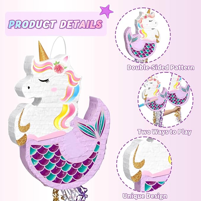 WERNNSAI Unicorn Mermaid Piñata - Unicorn or Mermaid Party Supplies Piñata Bundle with Blindfold, Bat for Girls Kids Rainbow Unicorn Mermaid Theme Birthday Game Decorations (16.5" x 12.4" x 2.9")