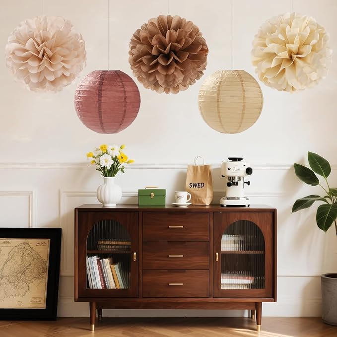 Boho Brown Champagne Beige Paper Flowers Tissue Pom Poms Honeycomb Lanterns 15pcs Party Decorations Fall Thanksgiving Rustic Wedding Baby Shower Neutral Birthday Autumn Hanging Supplies Decor