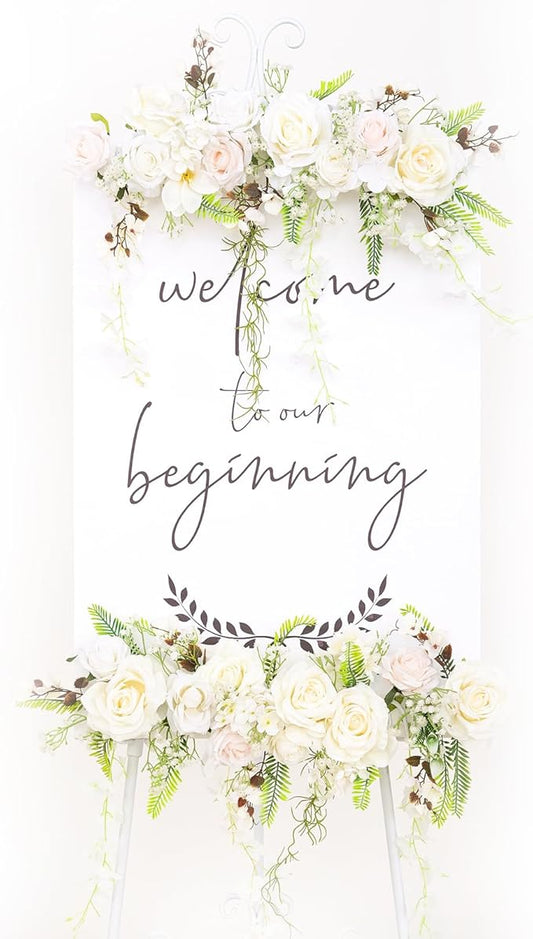 Odouzy Pack of 2 Wedding Arch Decorations Artificial Hanging Flowers Floral Swag for Welcome Sign Backdrop Balloon Arch Home Party Bridal Ceremony Reusable White Rattan