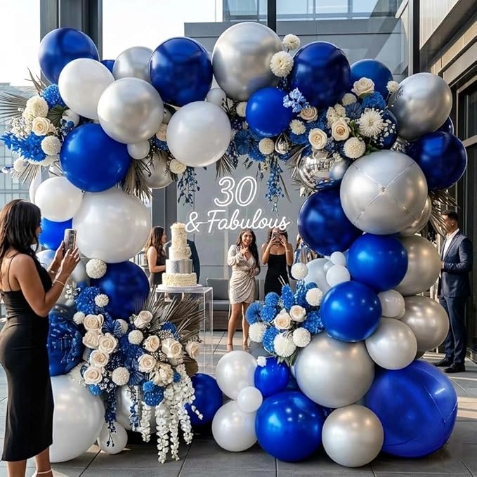 Navy Blue White Balloons Royal Blue Silver Balloon Garland Arch Kit for Birthday Baby Shower Graduation Bridal Shower Business Party Decorations