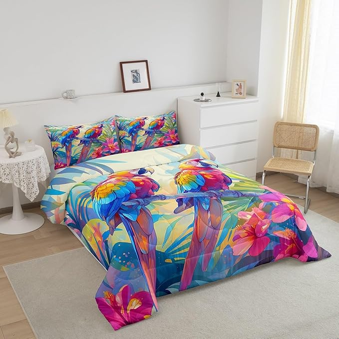 jejeloiu Parrot Comforter Set Toddler Kids Blossom Flowers Floral Pattern Bedding Set for Boys Girls Woodland Bird Animals Palm Leaf Nature Theme Duvet Quilt Room Decor