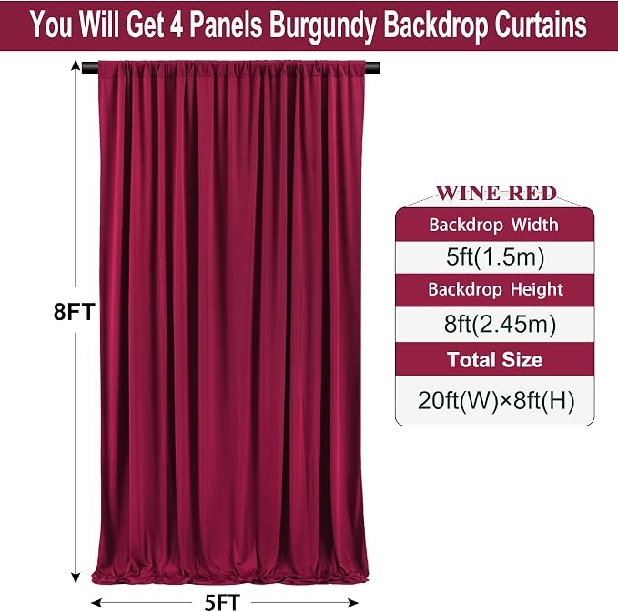 20ft×8ft Wrinkle Free Burgundy Backdrop Curtain for Parties, 4 Panels 5×8ft Soft Silky Polyester Wine Red Photo Backdrop Drapes for Wedding Birthday Christmas Photography Back Drop Cloth