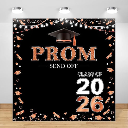 Prom 2026 Backdrop 6x6ft Black Orange Graduation Prom Photography Background Orange Black Class of 2026 Graduations Congrats Grad Party Send Off Banner Photo Studio Props (6x6ft)