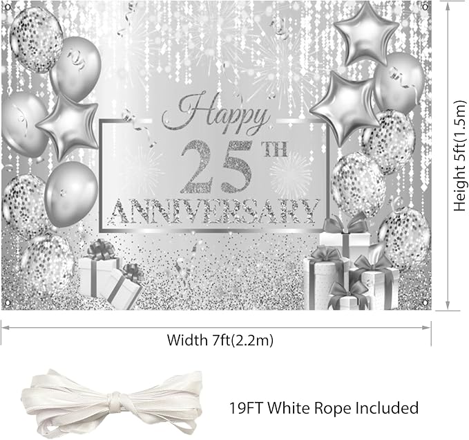 AOFOTO Happy 25th Anniversary Backdrop Glitter Grey Spots Ballons Printed Photography Background 25 Years Wedding Anniversary Party Home Wall Decor Supplies Banner Portrait Photo Studio Props 7x5ft