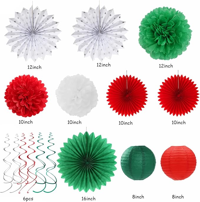 Red-Green White Christmas Party-Decorations - 33pcs Banner,Mexico Italy Streamers Tassel Garland,Tissue Pom Poms Honeycomb,Paper Lantern Fans,Mexican Italian Birthday Wedding Baby Shower Decor Hugtmr