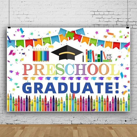 Large Preschool Graduation Backdrop for Kids Photography Kindergarten School Prom Party Supplies Decorations Banner Class of 2025 Congrats Grad Congratulations Background Photo Booth Props 8x6ft
