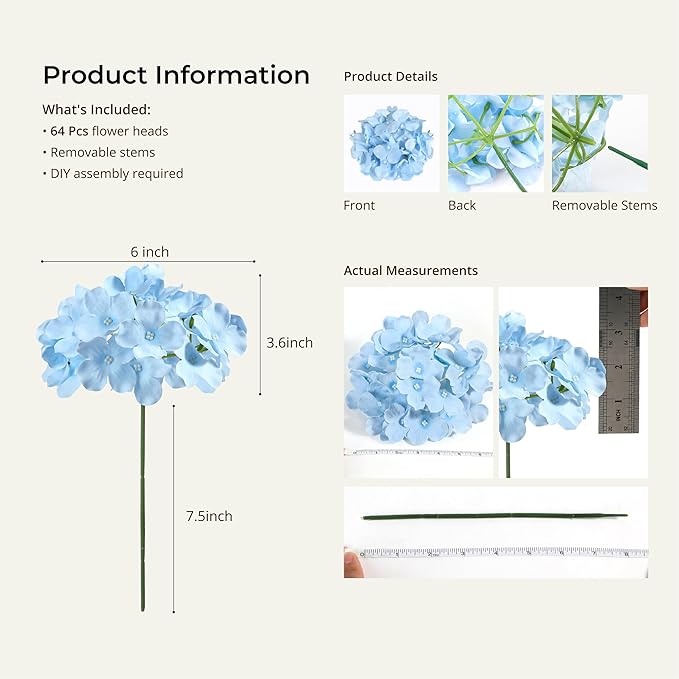 Auihiay 64pcs Blue Hydrangea Artificial Flowers, Artificial Hydrangea Flowers with Stems, Faux Hydrangea Flowers for Wedding Centerpieces, Baby Shower, Birthday Party Decoration