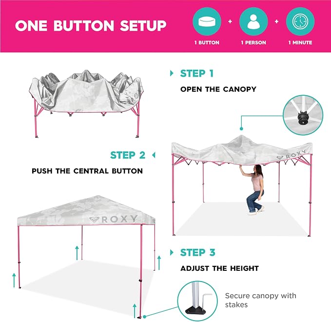 Roxy 10x10 Pop Up Canopy – Outdoor Beach Tent with Easy Up One-Push Setup – Portable Shade Shelter for Beach, Tailgate, Family Trips, RV Camping – Folding Gazebo with Wheeled Bag – Hot Pink/White