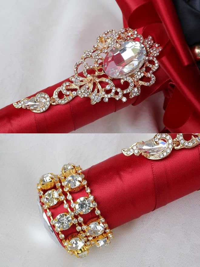 Burgundy and Black Bridal Wedding Bouquet Luxury Gold Rhinestone Brooch Bouquet for Bride Bridesmaid Quinceanera Satin Rose Artificial Flower Bouquet Wedding 9.5in