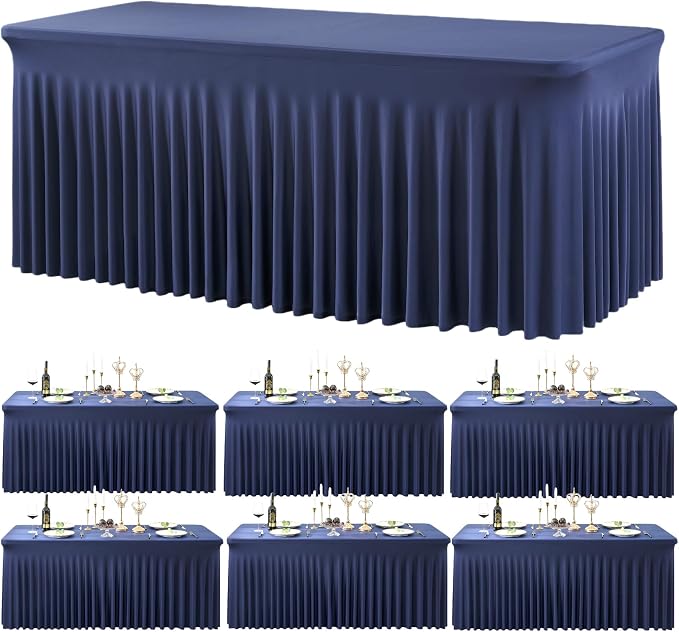 Outpain 6ft Spandex Table Cloth for Standard Folding Tables-6Pack Navy Blue Table Cloth Table Protector for Party, Wedding, Cocktail, Banquet, Festival