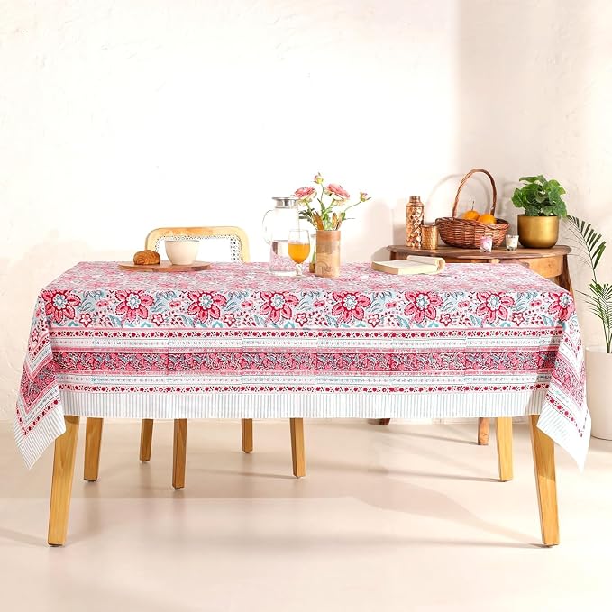 Hand Block Printed Tablecloth, Colorful Floral Print, Indian Artisan Handmade Art, Dining Room, Kitchen, Outdoor Décor, (Scarlet Garden Grace, 12 Seater 72 x 135 Inches Rectangle)