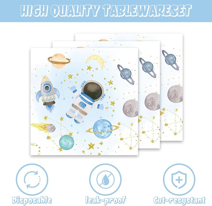 141Pcs Blue Outer Space Party Supplies for Baby Shower Birthday Party Decorations Moon Star Outer Space Planet Theme Plates and Napkins Forks Cups Straws Tablecloch Serves 20 Guests