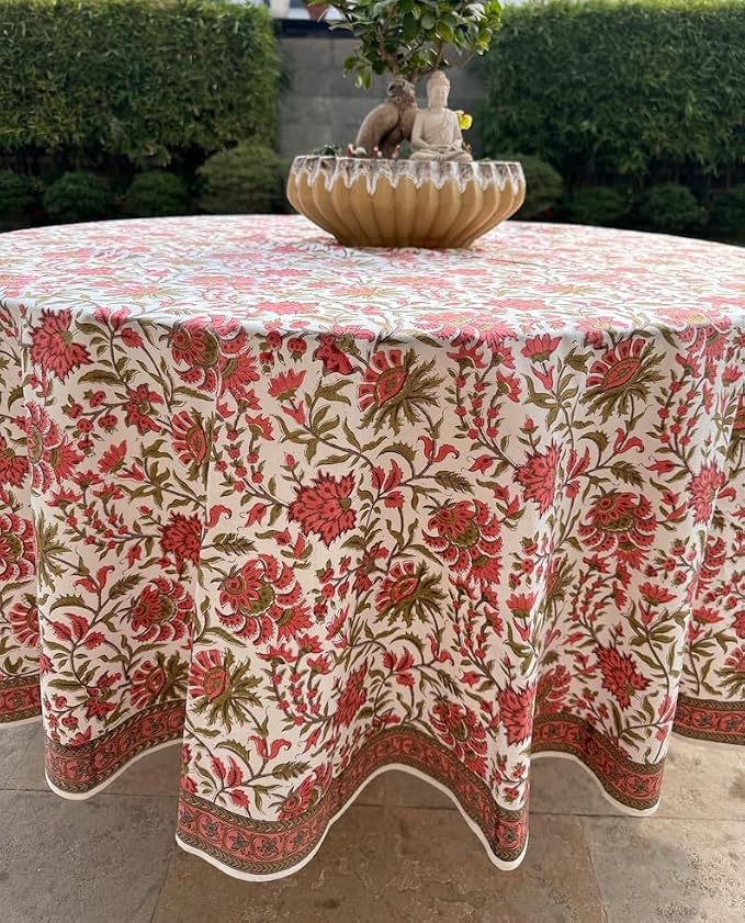 Ridhi Round Tablecloth Hand Block Print 100% Cotton Reusable New York Pink 110 Inch Table Cover Decorative Everyday Use for Dining, Home, Party, Wedding, Farmhouse, Party Gift for Spring, Mother's Day