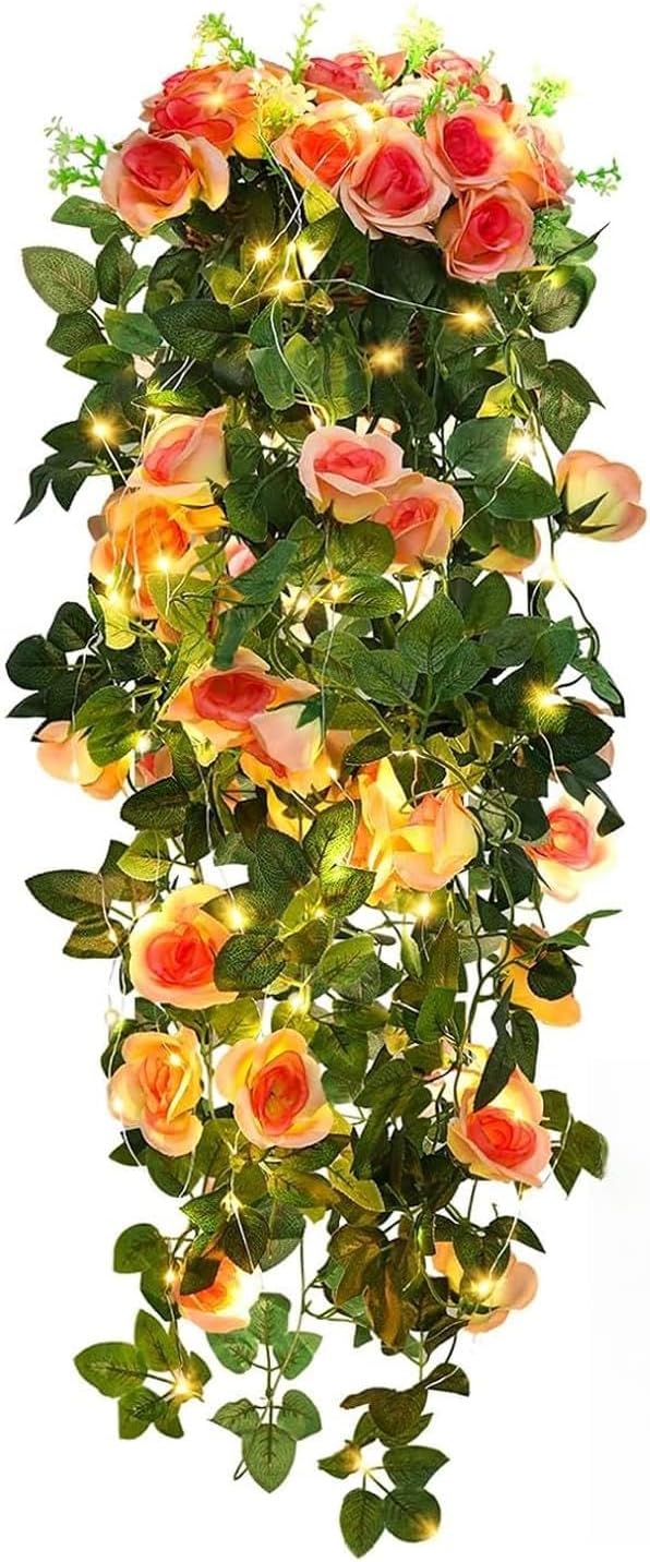 RECUTMS Artificia Hanging Rose Flower Plants, 2 PCS 37 Inches Light Pink Fake Floral Ivy Garland with 30 LED Fairy String Lights for Home Garden Wedding Bridal Shower Derby Party Indoor Outdoor Decor