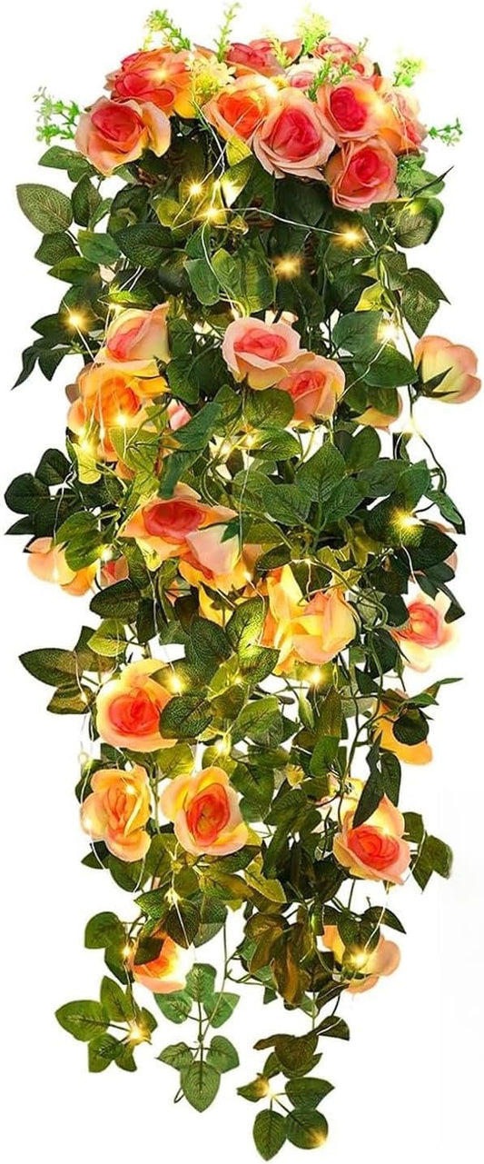 RECUTMS 2pcs Artificial Hanging Plants 32 in Fake Plant Ivy Vine Outdoor, Hanging Champagne Rose Flower Wall Sconce, UV Resistant Plastic for Valentines Day Wall Hanging Decorations(Champagne)